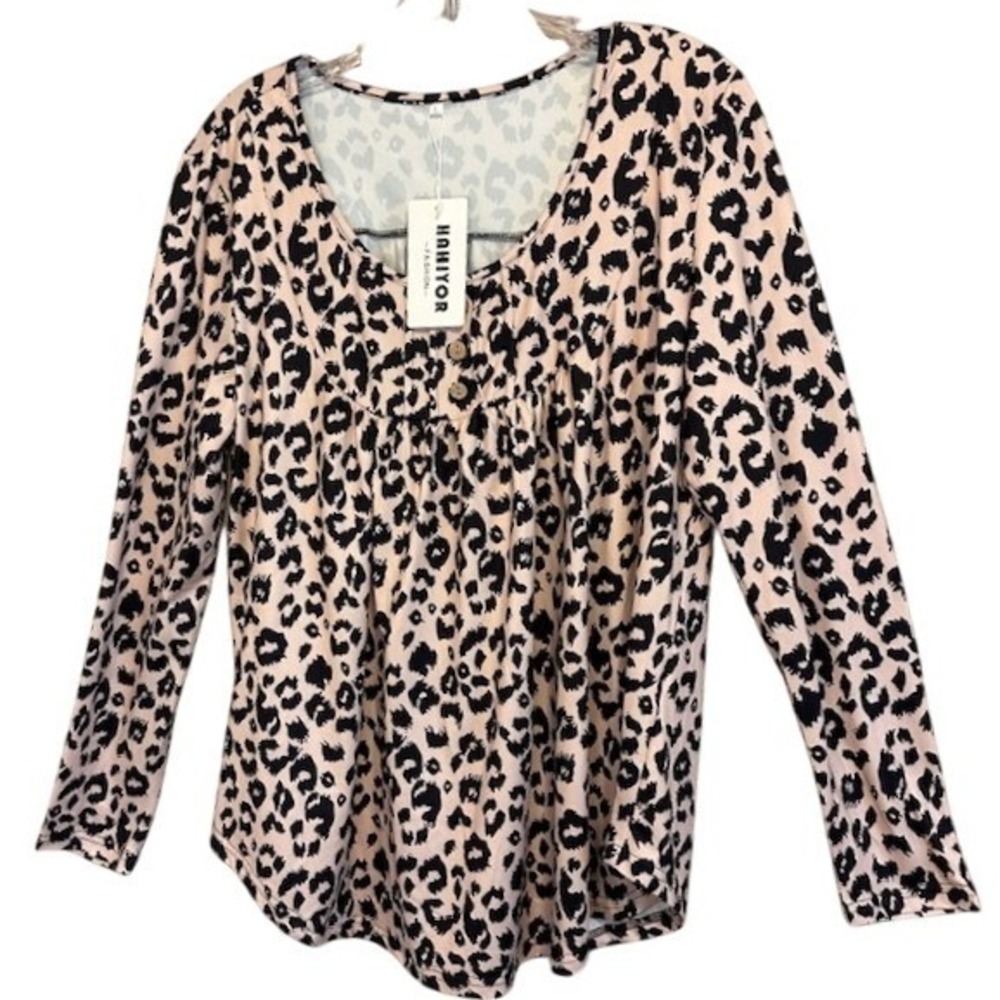 NWT Hahiyor Women's Long Sleeve Leopard Cheetah Print Tunic Blouse LG